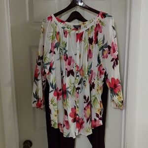 Chaps Floral Peasant Blouse - Ivory Eggplant Green Pink Hibiscus 3X